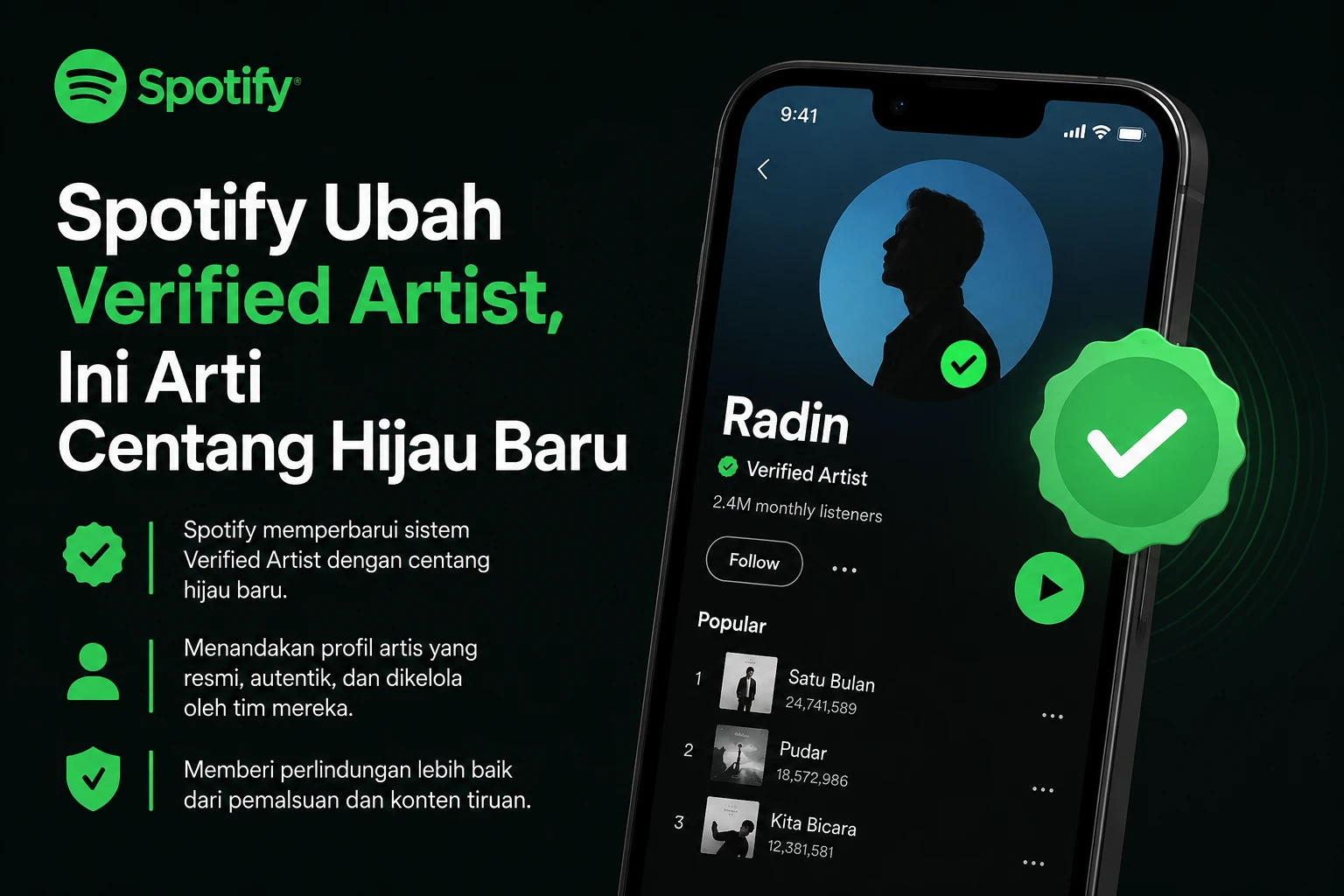 Spotify Ubah Verified Artist, Ini Arti Centang Hijau Baru
